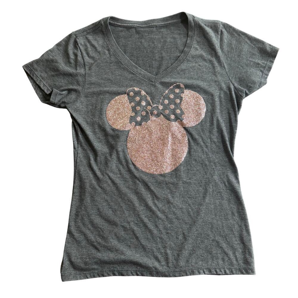 MINNIE MOUSE Disney Pink Glitter‎ Sparkley Minnie Grey V-Neck T-shirt Women's M